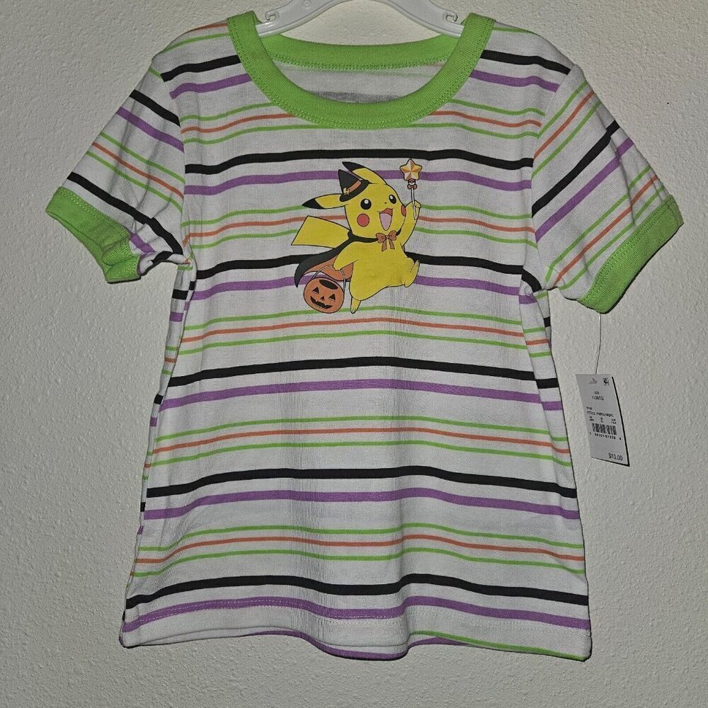 NWT Pokemon Pikachu Halloween Shirt Girls Large 10-12 Green Purple Black Stripes